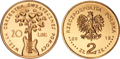 Польша 2 злотых 2012 MW, 20 лет благотворительному Рождественскому оркестру KM 809 нордик UNC 4676-914