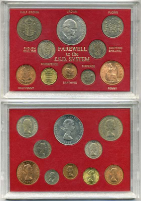 Великобритания набор из 10 монет 1955-1967 двенадцатеричная денежная система, крона 1965 года Черчилль, в пластиковой упаковке UNC 3-6-4-1