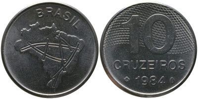 Бразилия 10 крузейро 1984 KM 592.1, Schon 101 нержавеющая сталь aUNC 4519-216