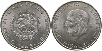 Мексика 5 песо 1955 M, Мигель Идальго, свобода и независимость KM 469 серебро 118-212
