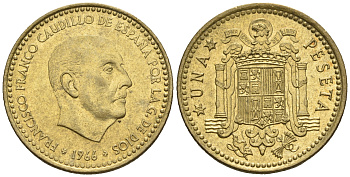 Испания 1 песета 1966 (75) Франциско Франко (1939-1975) КМ 796 алюминиевая бронза 85-647