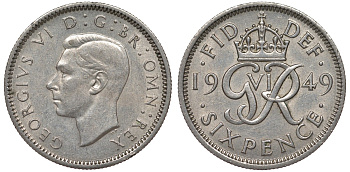 Великобритания 6 пенсов 1949 Георг VI (1936-1952) KM 875, Spink 4110 медно-никель 4124-746