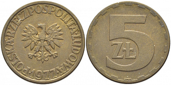 Польша 5 злотых 1977 монетный двор Ленинград (ЛМД) KM 81.1, Parchimowicz 221c латунь 3856-527