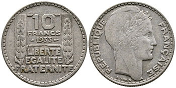 Франция 10 франков 1933 Пьер Тюрен KM 878, Le Franc 360.6 серебро 61-825