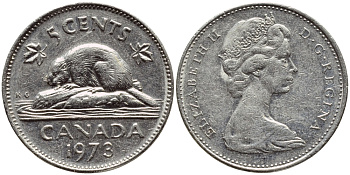 Канада 5 центов 1973 бобр, Елизавета II (1952-) KM 60.1 никель 4397-115