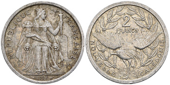 Французская Новая Каледония 2 франка 1983 птица кагу, (IEOM) KM 14, Schoen 11, Lec 63 алюминий    27-611