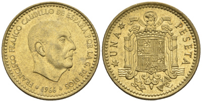 Испания 1 песета 1966 (75) Франциско Франко (1939-1975) КМ 796 алюминиевая бронза 85-647