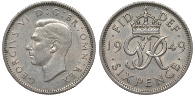 Великобритания 6 пенсов 1949 Георг VI (1936-1952) KM 875, Spink 4110 медно-никель 4124-746