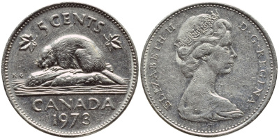 Канада 5 центов 1973 бобр, Елизавета II (1952-) KM 60.1 никель 4397-115