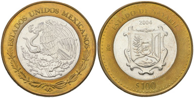 Мексика 100 песо 2004 180 лет Федерации - Наярит KM 744 биметалл, серебро BU 00-1067-9-62