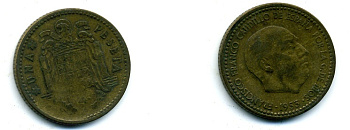 ИСПАНИЯ 1 ПЕСЕТА 1953 ФРАНСИСКО ФРАНКО ДИКТАТОР ИСПАНИИ (1939-1975) KM 775 алюминиевая бронза 56-825