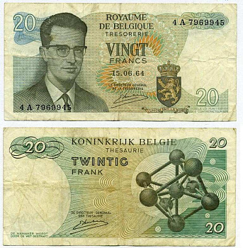Бельгия 20 франков 1964 Бодуэн I, атомиум, Kestens Pick 138 (3) бумага 7221-53-3-2