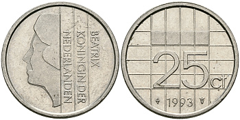 НИДЕРЛАНДЫ 25 ЦЕНТОВ 1993 БЕАТРИКС KM 204 никель 96-326