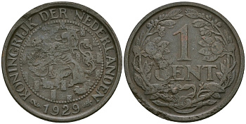 Нидерланды 1 цент 1929 Вильгельмина (1890-1948) KM 152 бронза 4576-1119