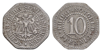 Шварцбург-Зондерсгаузен 10 пфеннигов ND (1918) Funck 489.1, Men05 23049.1, Men18 28863.1 железо 4659-252
