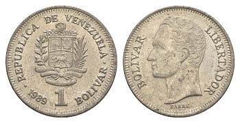 Венесуэла 1 боливар 1989 Симон Боливар, тонкий шрифт Y 52a.1 сталь плакированная никелем 4589-1146