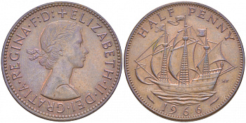 Великобритания 1/2 пенни 1966 Елизавета II (1952-2022) KM 896, Spink 4158 бронза 68-126
