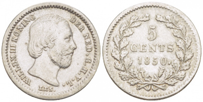 Нидерланды 5 центов 1850 Виллем III (1849-1890), точка после даты KM 91 серебро 3457-1219