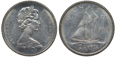 Канада 10 центов 1977 Елизавета II (1952-2022), парусник KM 77.1 никель 4124-518