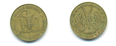 ЗАПАДНАЯ АФРИКА 10 ФРАНКОВ 1977 KM 1а алюминий никель бронза 86-1646