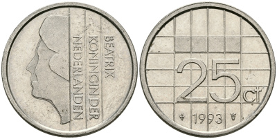 НИДЕРЛАНДЫ 25 ЦЕНТОВ 1993 БЕАТРИКС KM 204 никель 96-326
