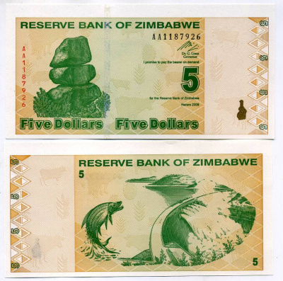 Зимбабве 5 долларов 2009 тигровая рыба, Кариба ГЭС Pick 93 бумага UNC (пресс) 448-3-2