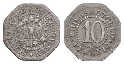 Шварцбург-Зондерсгаузен 10 пфеннигов ND (1918) Funck 489.1, Men05 23049.1, Men18 28863.1 железо 4659-252