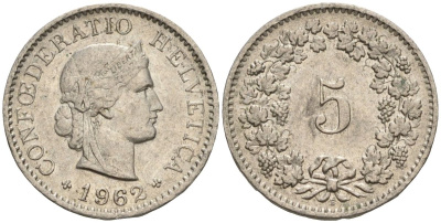 Швейцария 5 раппенов 1962 B KM 26 медно-никель 4608-449