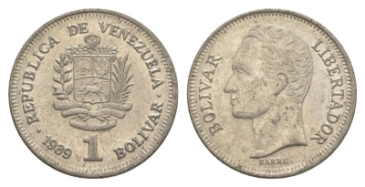 Венесуэла 1 боливар 1989 Симон Боливар, тонкий шрифт Y 52a.1 сталь плакированная никелем 4589-1146