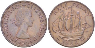 Великобритания 1/2 пенни 1966 Елизавета II (1952-2022) KM 896, Spink 4158 бронза 68-126