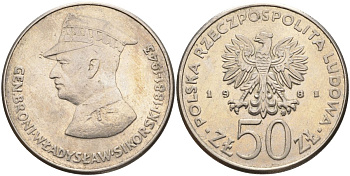 Польша 50 злотых 1981 MW, военачальники Второй мировой войны - Владислав Сикорский Y 122 медно-никель 88-1246