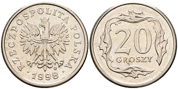 Польша 20 грошей 1998 MW KM 280, Parchimowicz 705f медно-никель 4580-667