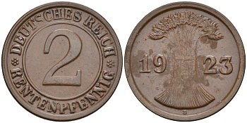 Германия 2 рентенпфеннига 1923 D KM 31, J.307, Weege 3 медь 4584-555