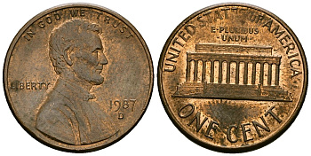 США 1 цент 1987 D, Линкольн KM 201b цинк плакированный медью 4136-328