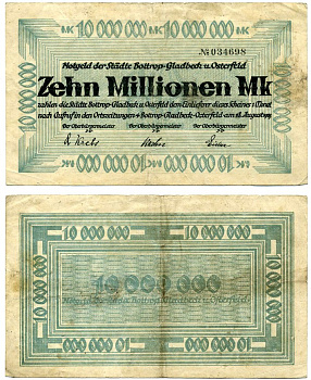 БОТТРОП-ГЛАДБЕК-ОСТЕРФЕЛЬД 10000000 марок (10 миллионов) 1923 28 августа 1923, нотгельд, земля СЕВРНЫЙ РЕЙН-весТФАЛИЯ Keller 544f бумага 2193-32-3-2