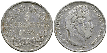 Франция 5 франков 1842 BB, Луи Филипп I (1830-1848) KM 749.3 серебро 4386-133