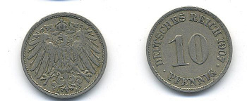 Германия 10 пфеннигов 1907 A KM 12, J. 13 медно-никель 58-252