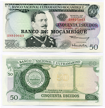 Мозамбик 50 эскудо 1970 (1976) надпечатка на 1970, Жоао де Азеведо Коутиньо Pick 116 a бумага UNC (пресс) 8564-20-1-1