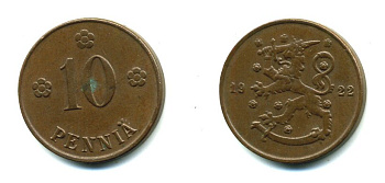 Финляндия 10 пенни 1922 республика (1918-1962) KM 24 медь 46-657