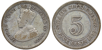 Стрейтс-Сетлментс 5 центов 1926 Георг V (1910-1936) КМ 36 серебро 53-512