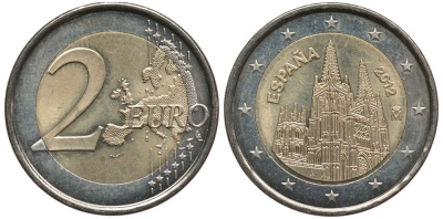 ИСПАНИЯ 2 ЕВРО 2012 ЮНЕСКО - КАФЕДРАЛЬНЫЙ СОБОР В ГОРОДЕ БУРГОС KM 1254 биметалл 83-344