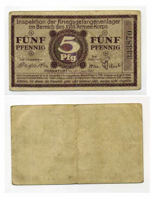 Германия 5 пфеннигов 1917 инспекция лагерей военнопленных в Франкфурте на Майне, XVIII-ий Армейский корпус C-2955 бумага 504-83-2-1