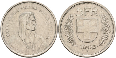 Швейцария 5 франков 1968 В, первый год KM 40а.1 медно-никель 88-1042