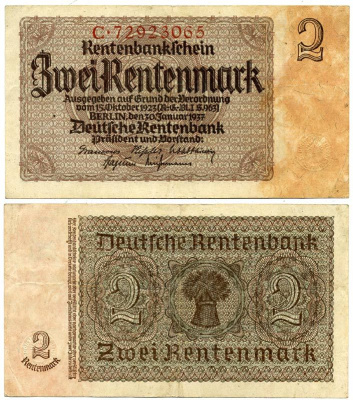 ГЕРМАНИЯ 2 РЕНТЕНМАРКИ 1937 30 ЯНВАРЯ 1937, ВЕЙМАРСКАЯ РЕСПУБЛИКА, ВОСЕМЬ ЦИФР В НОМЕРЕ СЕРИИ, СЕРИЯ C Pick 174b, Rosenberg 167b бумага 3295-84-3-1