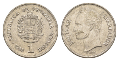 Венесуэла 1 боливар 1989 Симон Боливар, тонкий шрифт Y 52a.1 сталь плакированная никелем 4589-1154