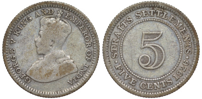 Стрейтс-Сетлментс 5 центов 1926 Георг V (1910-1936) КМ 36 серебро 53-512