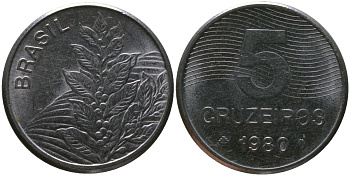 Бразилия 5 крузейро 1980 KM 591, Schon 100 нержавеющая сталь 4514-216