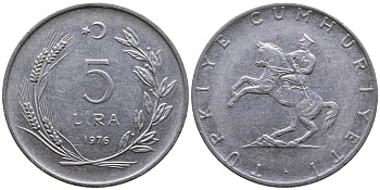 Турция 5 лир 1976 Кемаль Ататюрк KM 905 нержавеющая сталь 29-1032