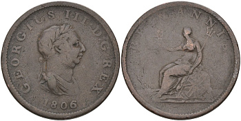 Великобритания 1/2 пенни 1806 Георг III (1760-1820) KM 662, Spink 3781 медь 81-1113