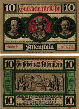 АЛЛЕНШТАЙН 10 ПФЕННИГОВ 1921 НОТГЕЛЬД, 1 АПРЕЛЯ 1921 (1922), СЕРИЯ В, ЗЕМЛЯ ВОСТОЧНАЯ ПРУССИЯ (ПОЛЬША) Grabowski 13.2a бумага 6318-35-3-1
